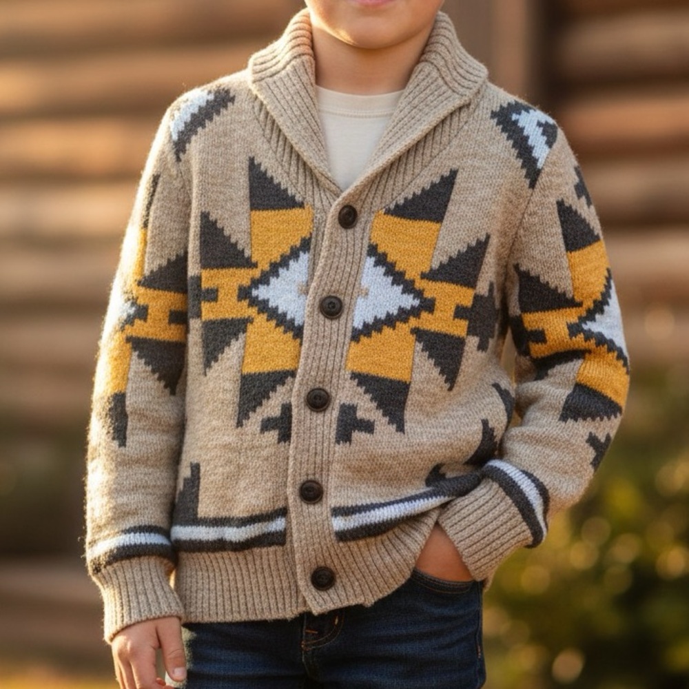 Boys Southwestern Aztec OshKosh B'gosh Tan Cotton Blend Shawl Collar Cardigan 6